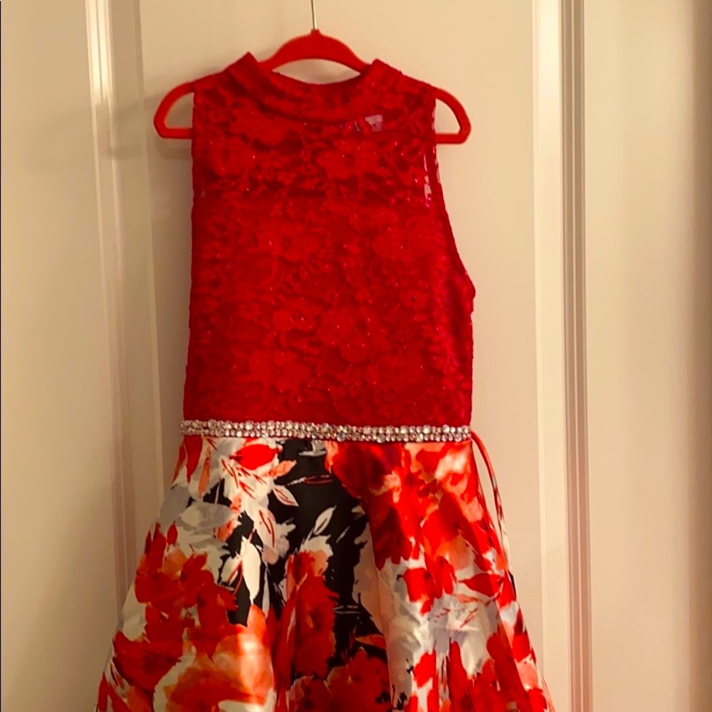 Floral & Red Lace High-Low Dress